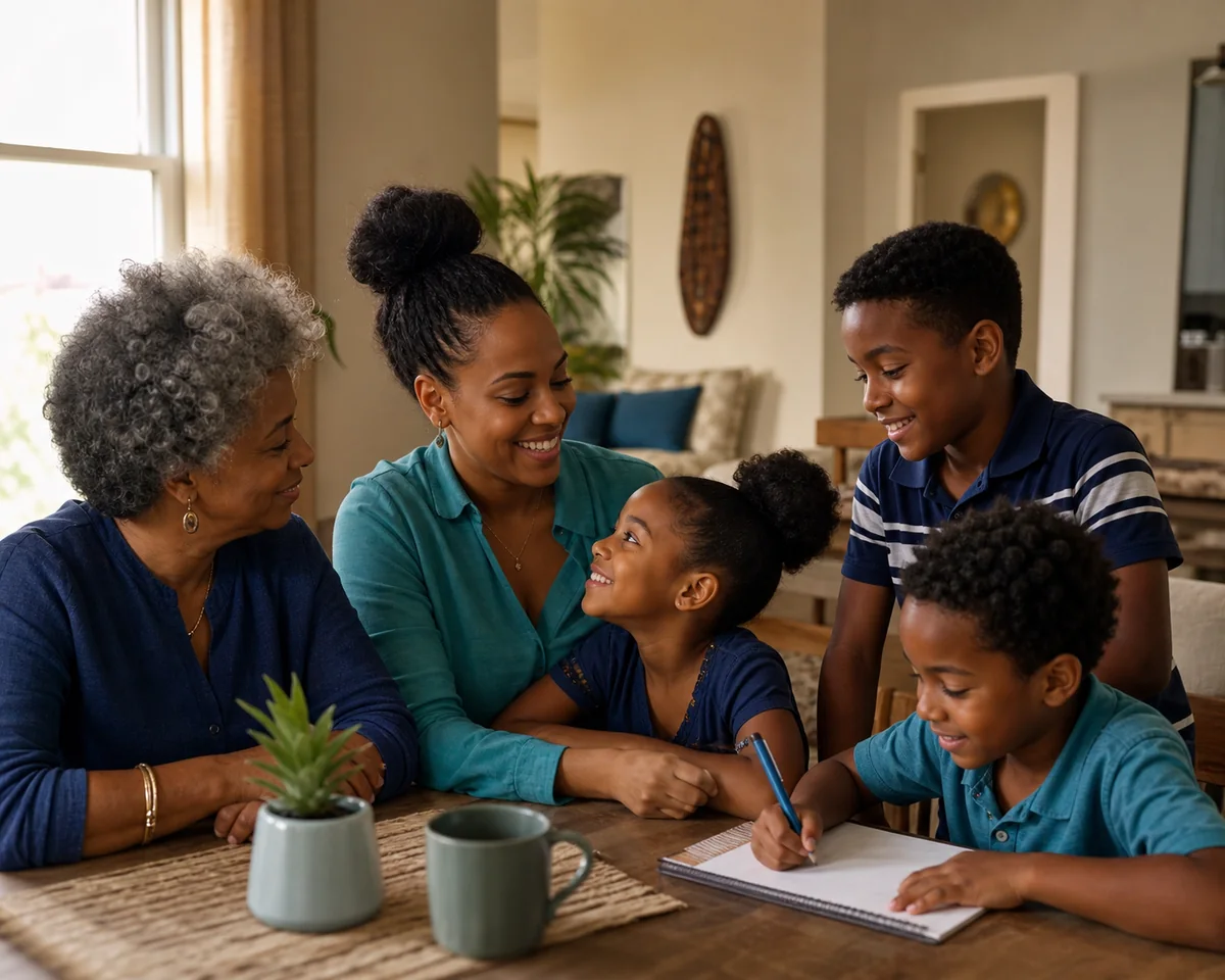 A multigenerational family together at home in warm daylight.